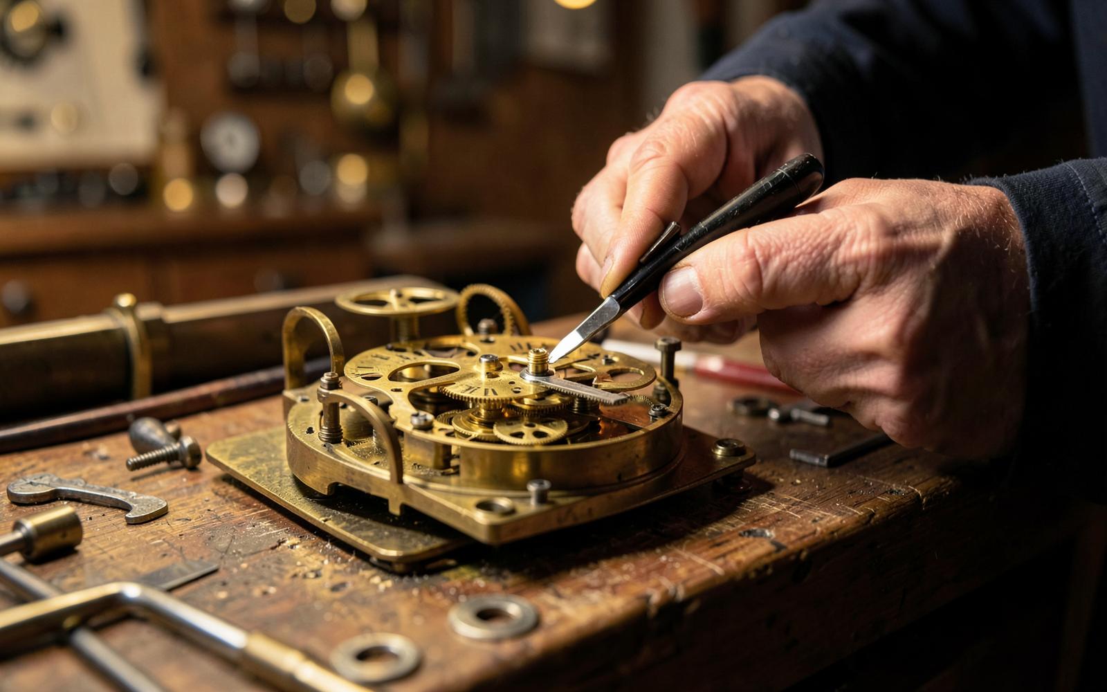 Clockmaker repairing an antique brass clock movement in Denton, Texas