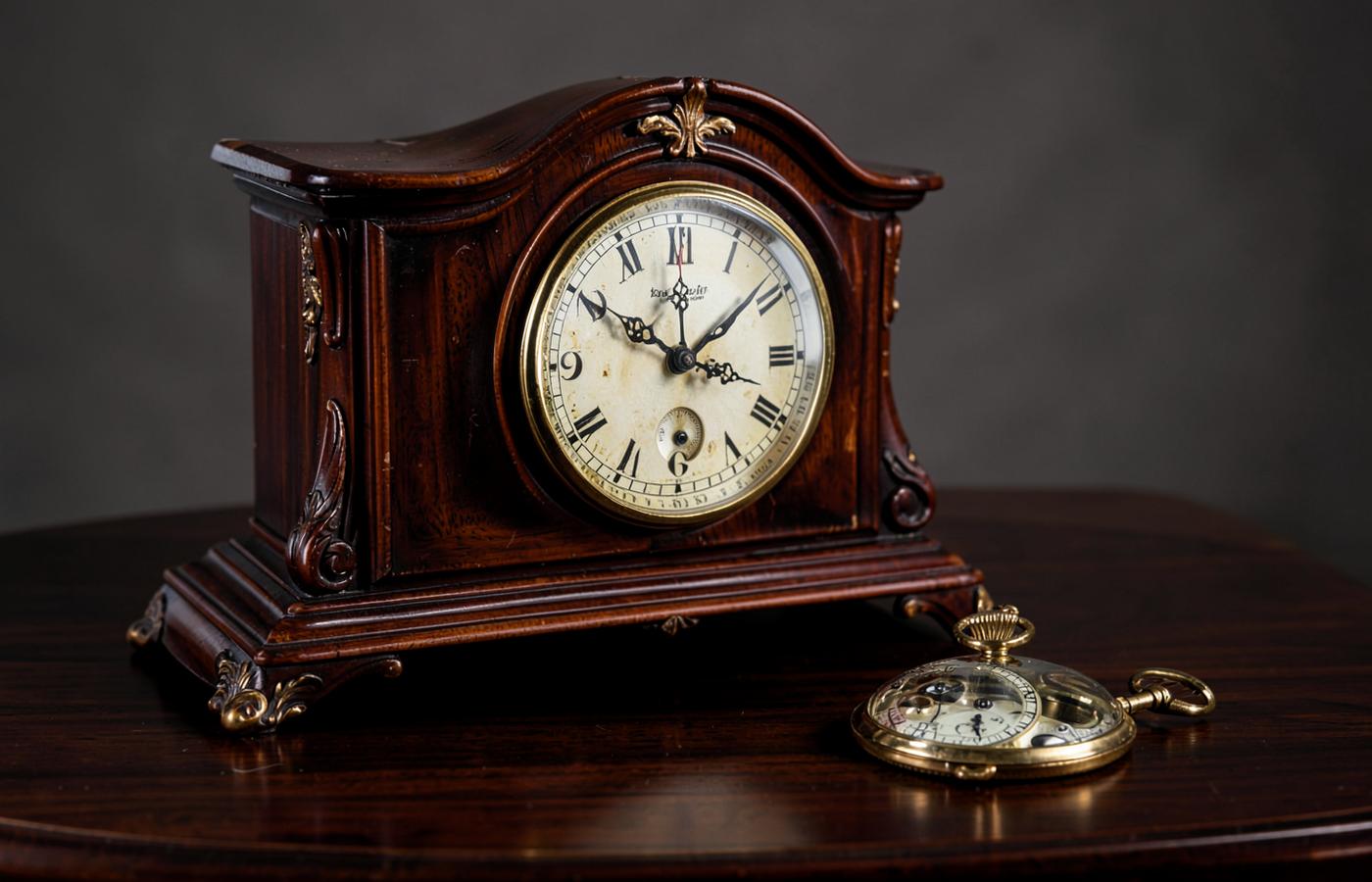 Restored antique mantel clock and gold pocket watch after service
