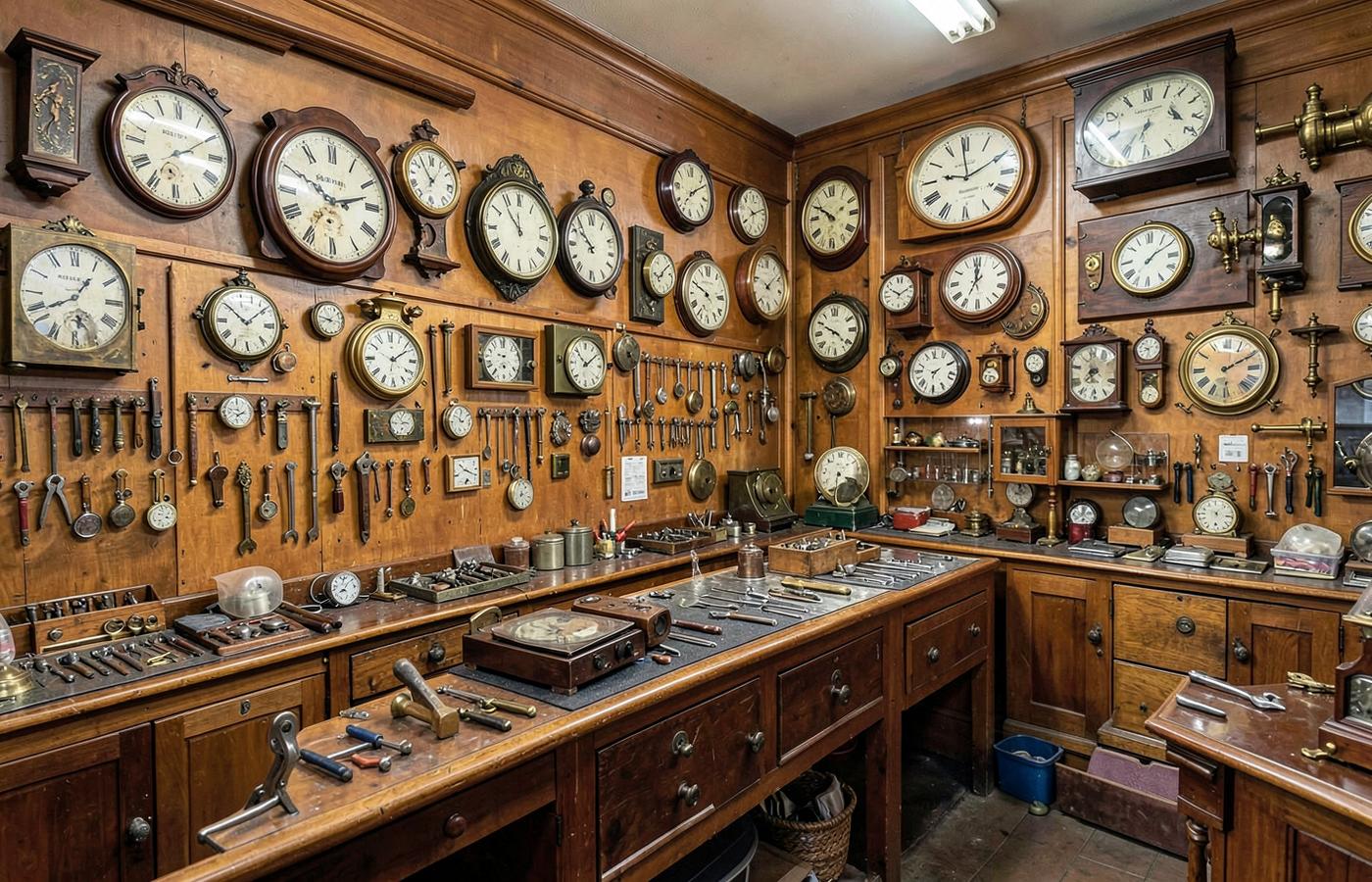 Annabellio Co. clock repair workshop with antique wall clocks and tools